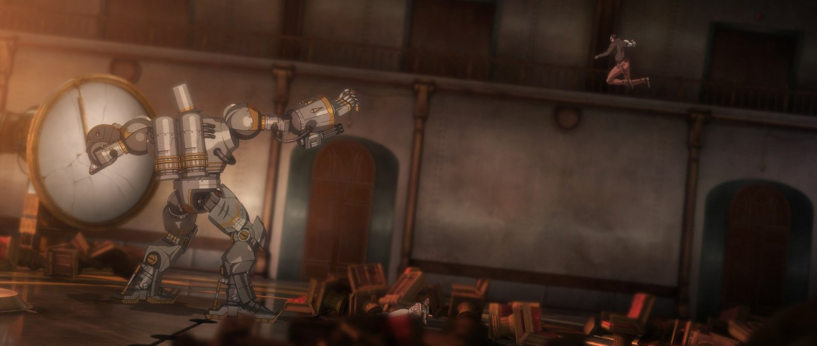 Bass X Machina dizisinden mekanik yaratık ve steampunk kasaba atmosferli resmi Netflix tanıtım karesi