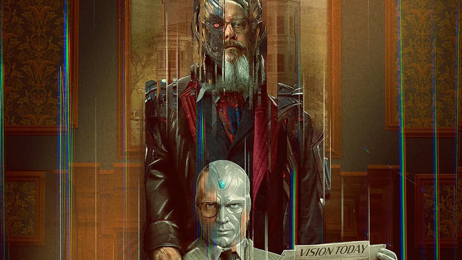 VisionQuest 14 Ekim’de Disney+’ta: Paul Bettany Vision olarak geri dönüyor 2026 – 14 VisionQuest resmi posterinden Vision Today gazetesiyle Vision ve Ultron’lu glitch kompozisyon