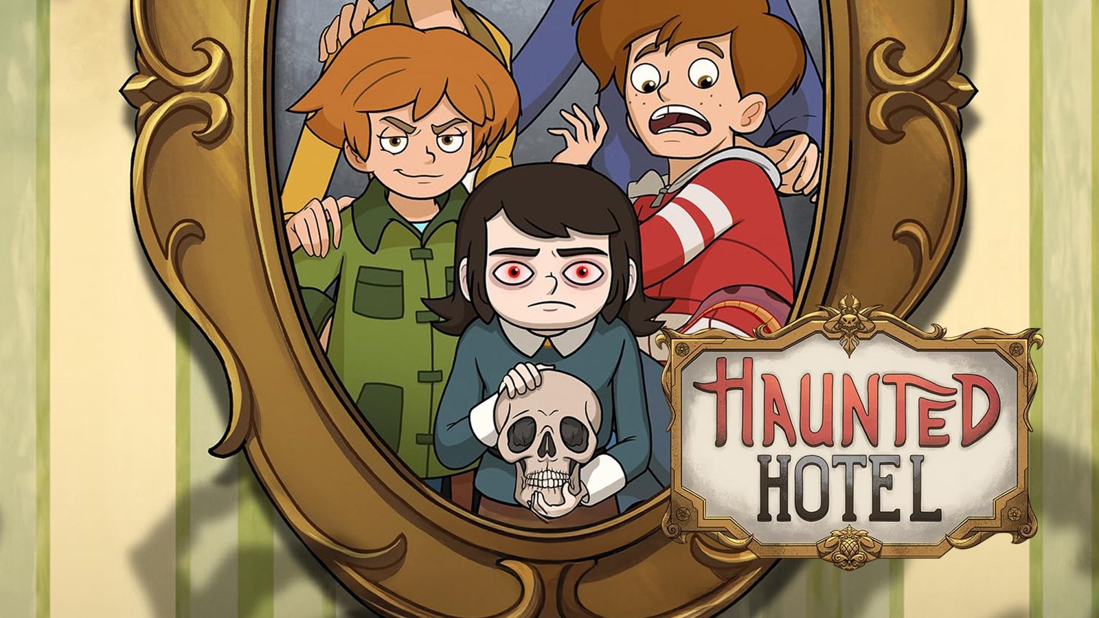 Haunted Hotel resmi afişinden kırmızı gözlü kız ve kurukafalı aile portresi