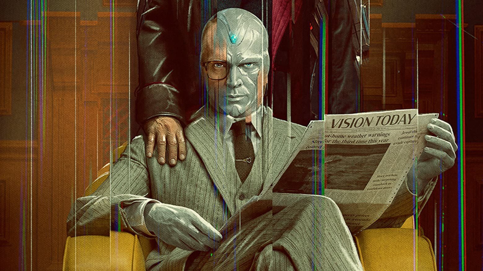 VisionQuest resmi tanıtım karesinden Paul Bettany’nin Vision karakteri glitch efektli koltuk sahnesi