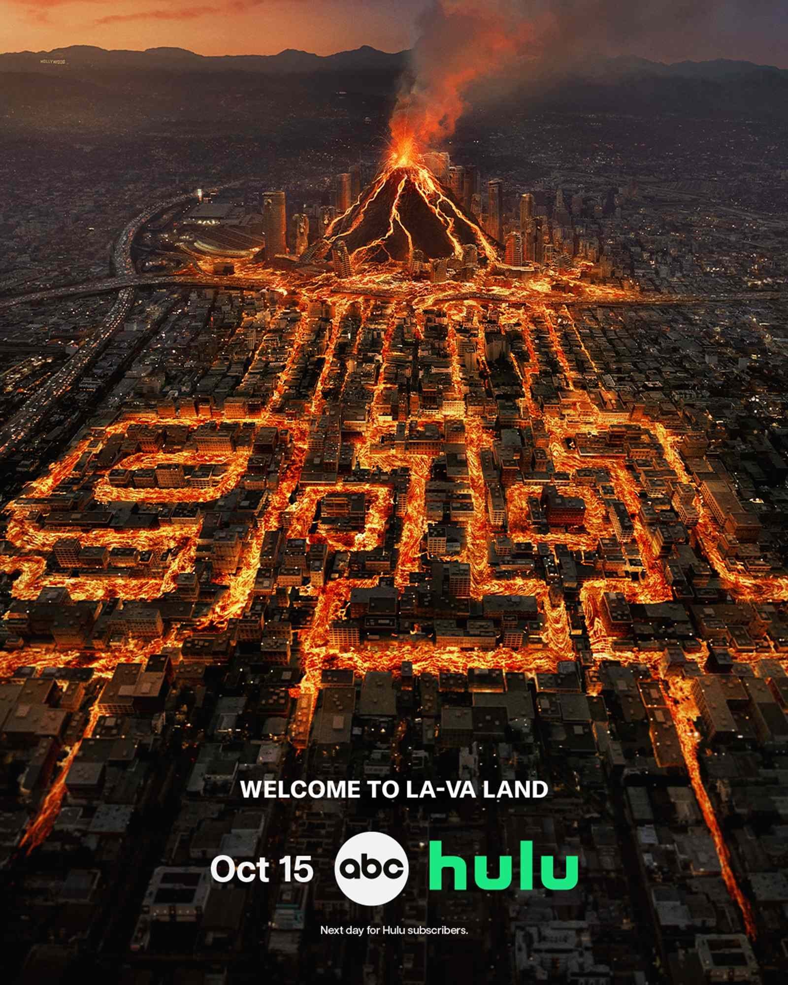 9-1-1 10. sezon 15 Ekim’de ABC’de: Los Angeles’ta yanardağ felaketi 2026 – 1 9-1-1 10. sezon ABC resmi afişi: Los Angeles üzerinde lavlarla yazılmış 9-1-1 logosu ve yanardağ