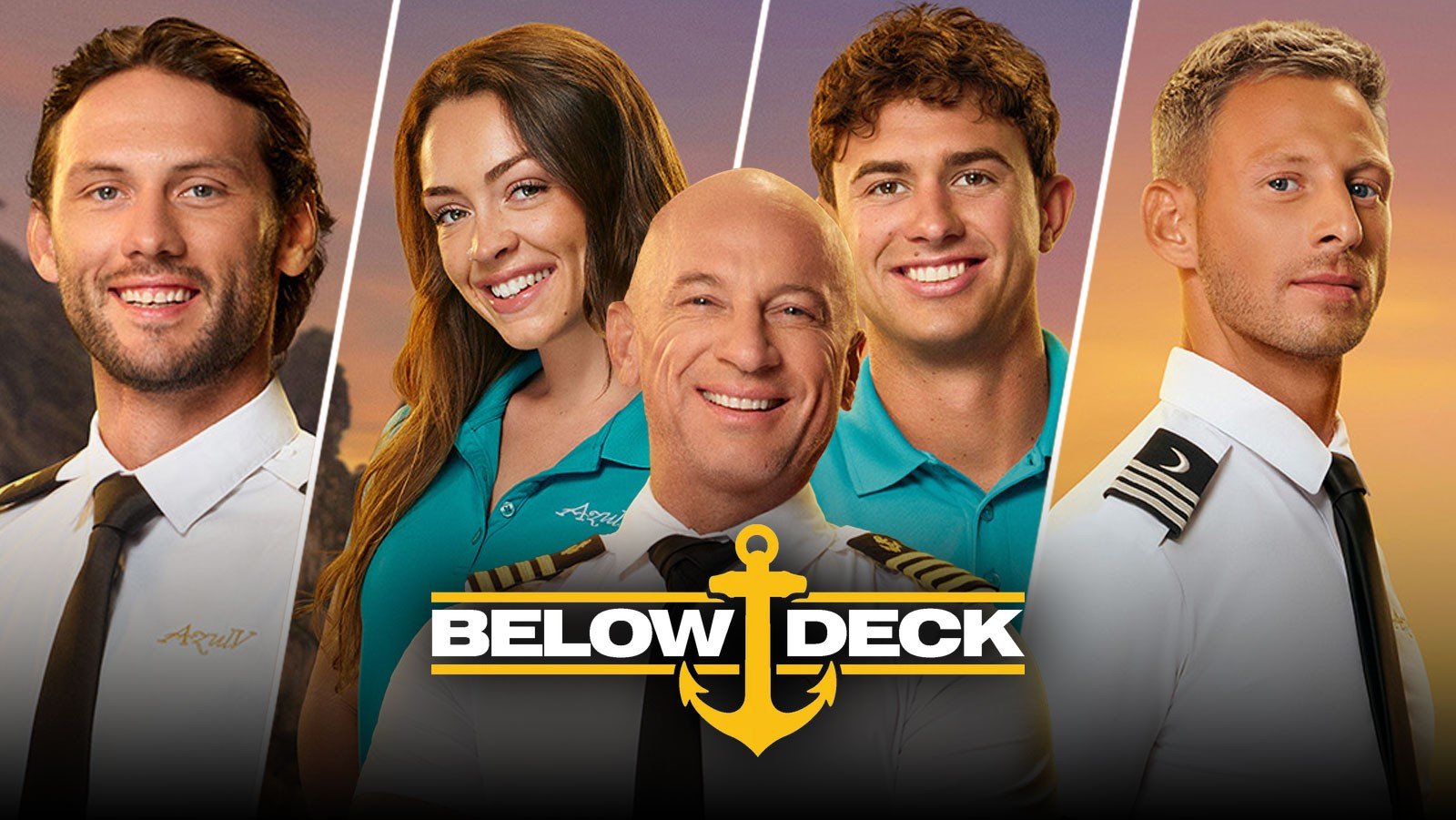 Below Deck 13. sezon Bravo resmi kadro fotoğrafında Captain Kerry ve Azul V ekibi