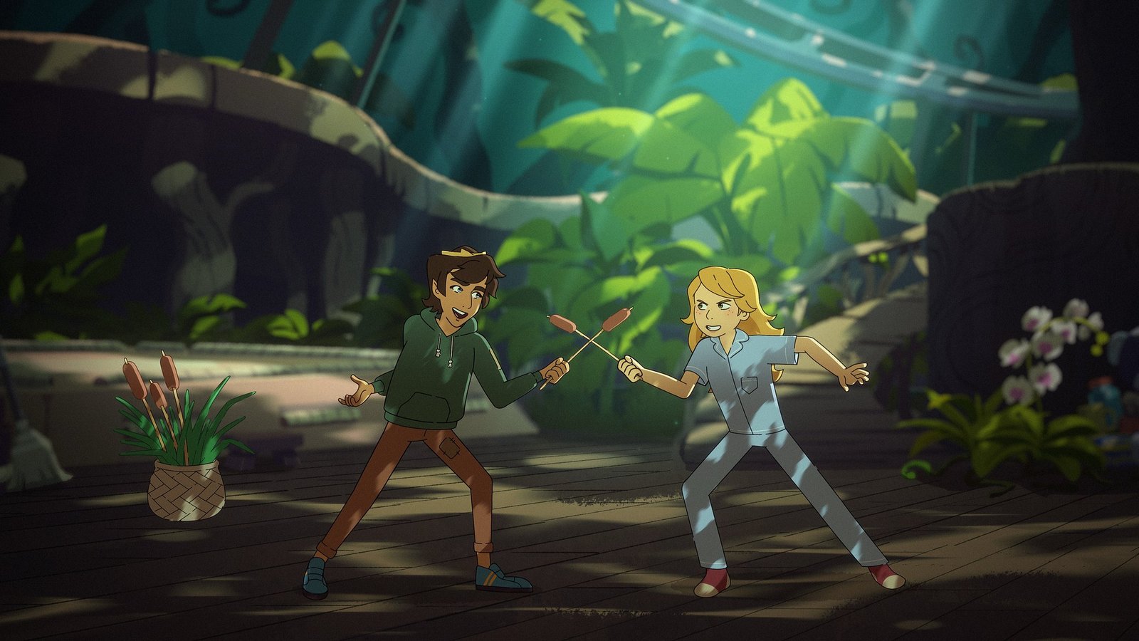 The Sisters Grimm 2. sezon Apple TV resmi karesinden Sabrina ve Puck serada