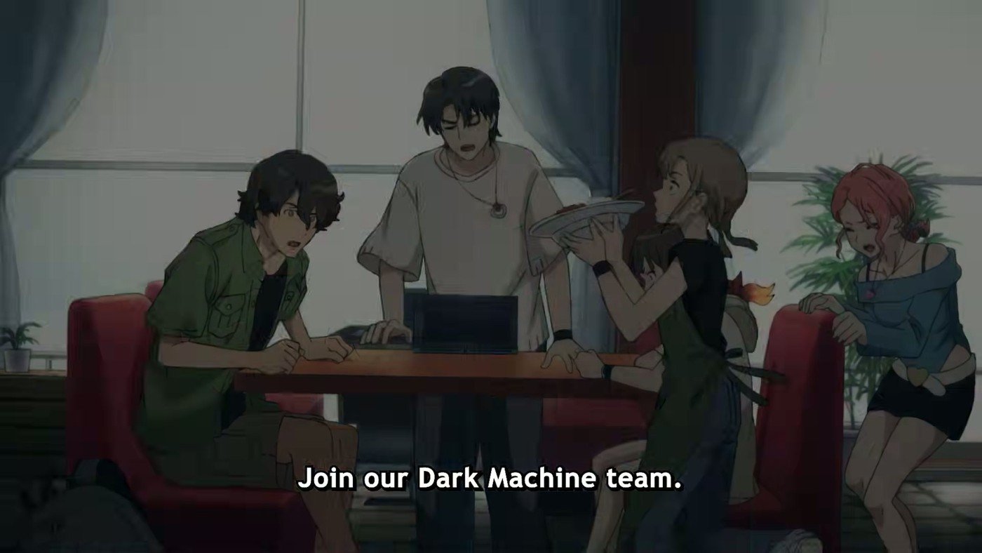Dark Machine the Animation resmi tanıtım karesinden Kairi ve ekibin takıma alındığı sahne