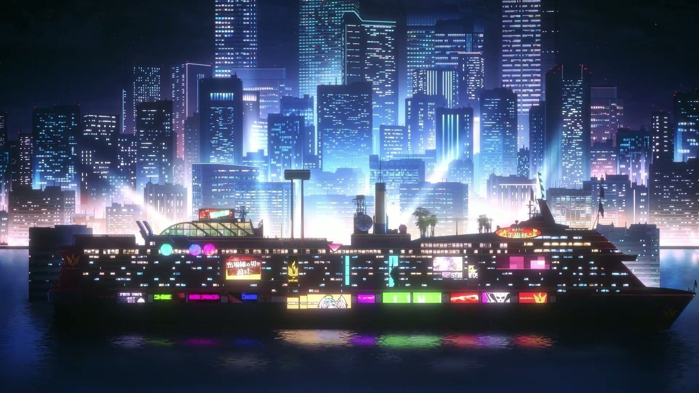 Dark Machine the Animation resmi tanıtım karesinden neon ışıklı Golden Valley silüeti