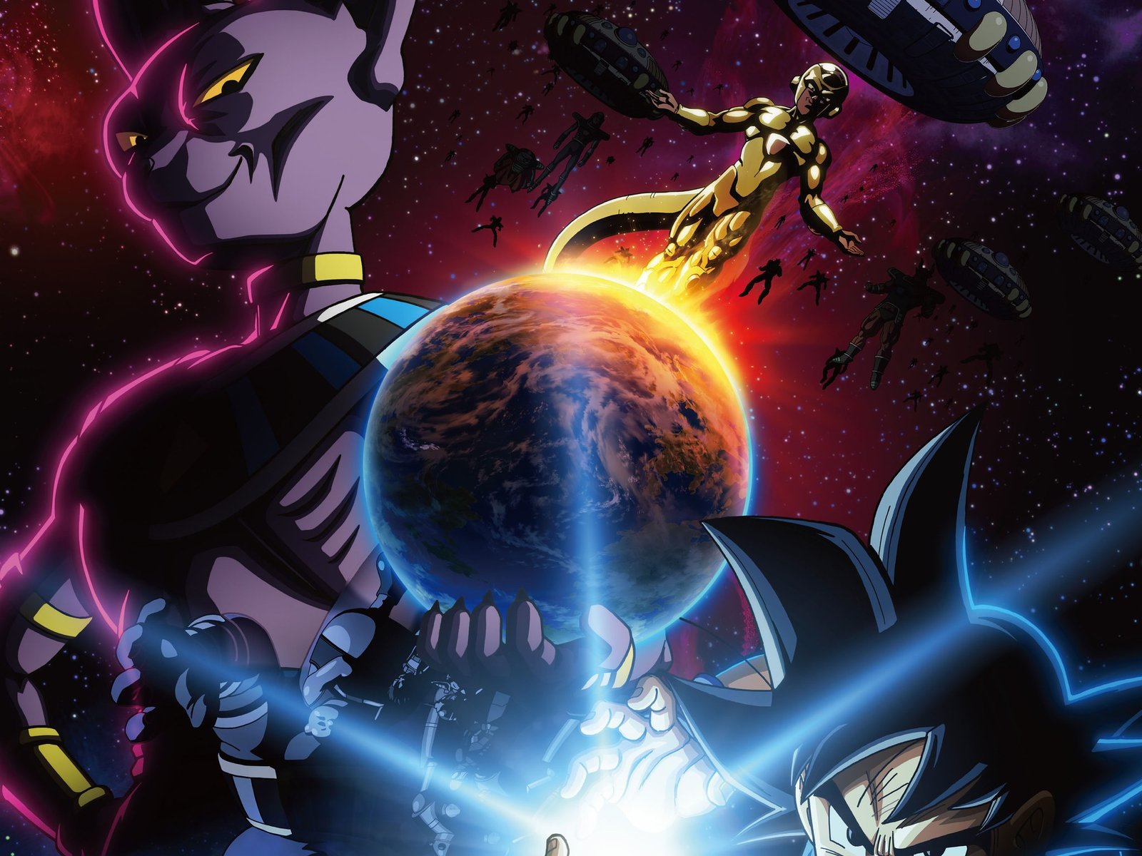 Dragon Ball Super Beerus resmi afişinden Dünya’nın iki yanında Yıkım Tanrısı Beerus, Altın Frieza ve Goku