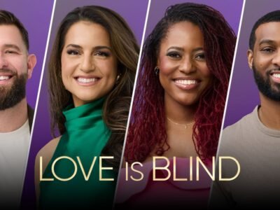 Love Is Blind 11. sezon Netflix tanıtım görselinden dört katılımcı ve dizi logosu