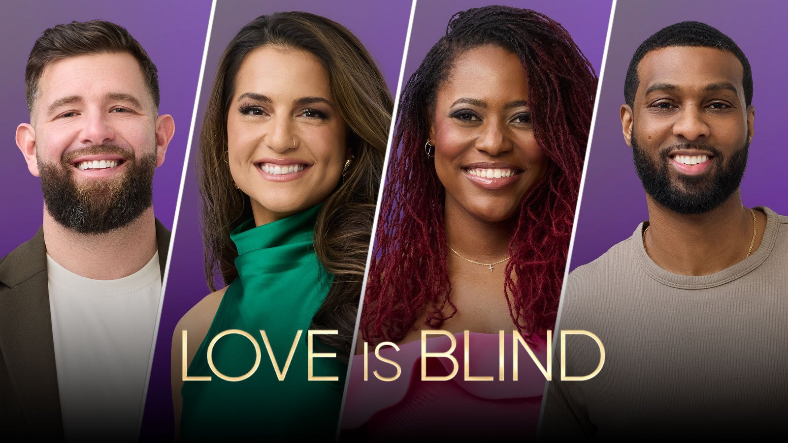 Love Is Blind 11. sezon Netflix tanıtım görselinden dört katılımcı ve dizi logosu