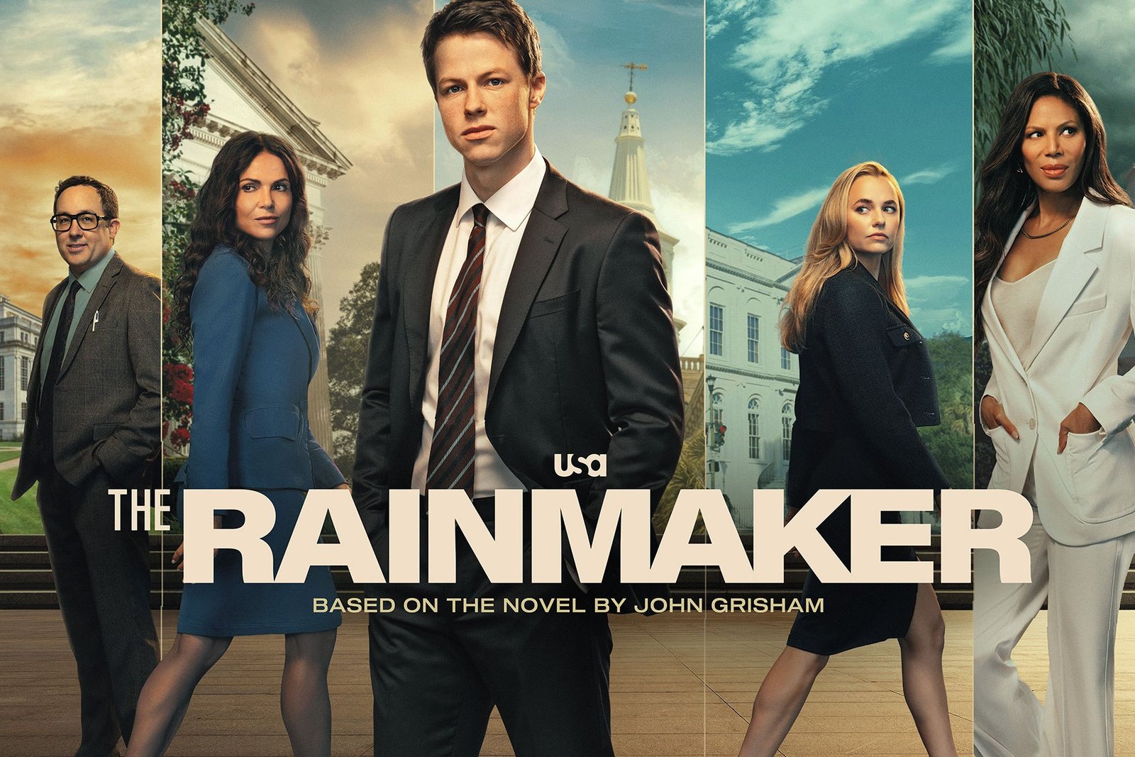 The Rainmaker 2. sezon USA Network resmi afişi: Milo Callaghan, Lana Parrilla, P.J. Byrne, Madison Iseman ve Merle Dandridge